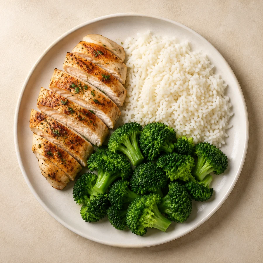 Sample lunch: grilled chicken, white rice, and broccoli