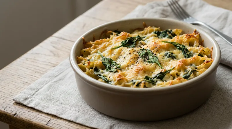 Baked pasta with cottage cheese and spinach