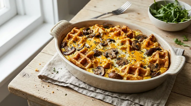 Baked Waffle and Mushroom Strata