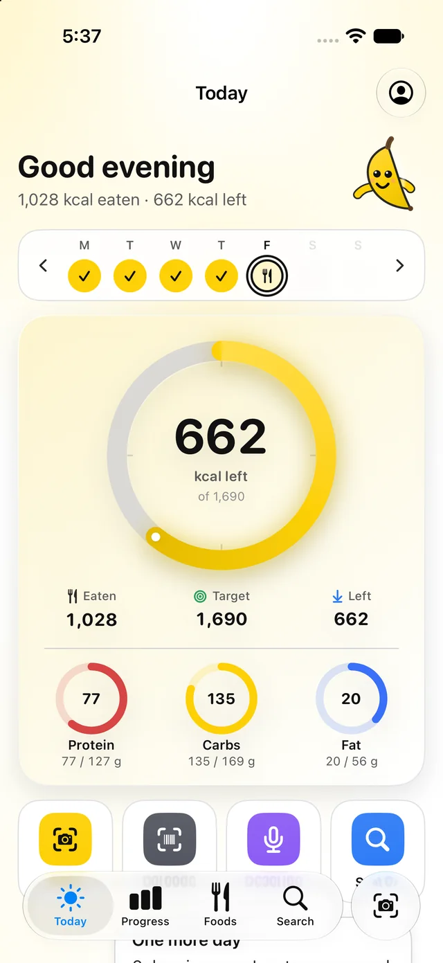 Today: calorie ring, macro goals, and your week at a glance